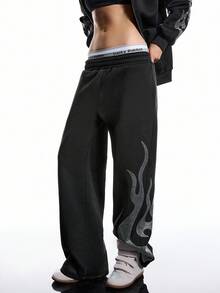 LYSMO Women's Fashion Street Style Rhinestone Flame Pattern Loose Sweatpants - Black - View 4