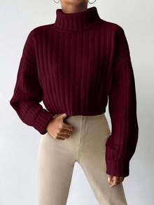 EURMUSE Women's Solid Color High Neck Drop Shoulder Long Sleeve Casual Sweater Burgundy - Burgundy - View 3