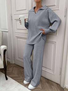 SHEIN Cottnline Rib Pattern Polo Neck Sweater And Pant 2pcs Set - Grey - View 3