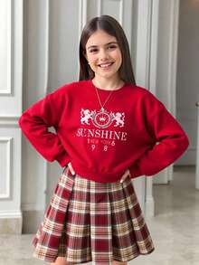 冬季服装、冬季套装、儿童冬季服装、秋季服装、万圣节、万圣节服装、圣诞节服装、2件套女童复古休闲英伦印花长袖抓绒卫衣和格子百褶裙套装，适合秋冬季日常休闲穿着 - 彩色 - 查看 6