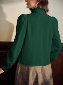 Vintamour 大码女装春秋时尚优雅舒适日常宽松复古杏色长袖纽扣衬衫，女式衬衫，教师服，办公室上衣，曲线衬衫，商务休闲女装，工作服女装，长袖上衣 - 墨綠色 - 查看 4