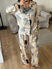 DAZY Conjunto de pijama de mujer con estampado animal de satén, ropa de otoño