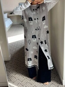 DAZY 星星、云朵、房屋图案针织宽松无袖睡袍，秋冬家居服睡衣保暖内衬