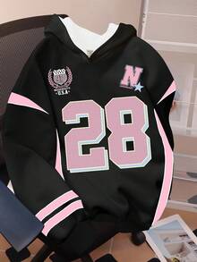 青少年女孩休闲简约时尚运动别致球衣，28 号印花，黑色宽松舒适连帽运动衫，适合秋冬季