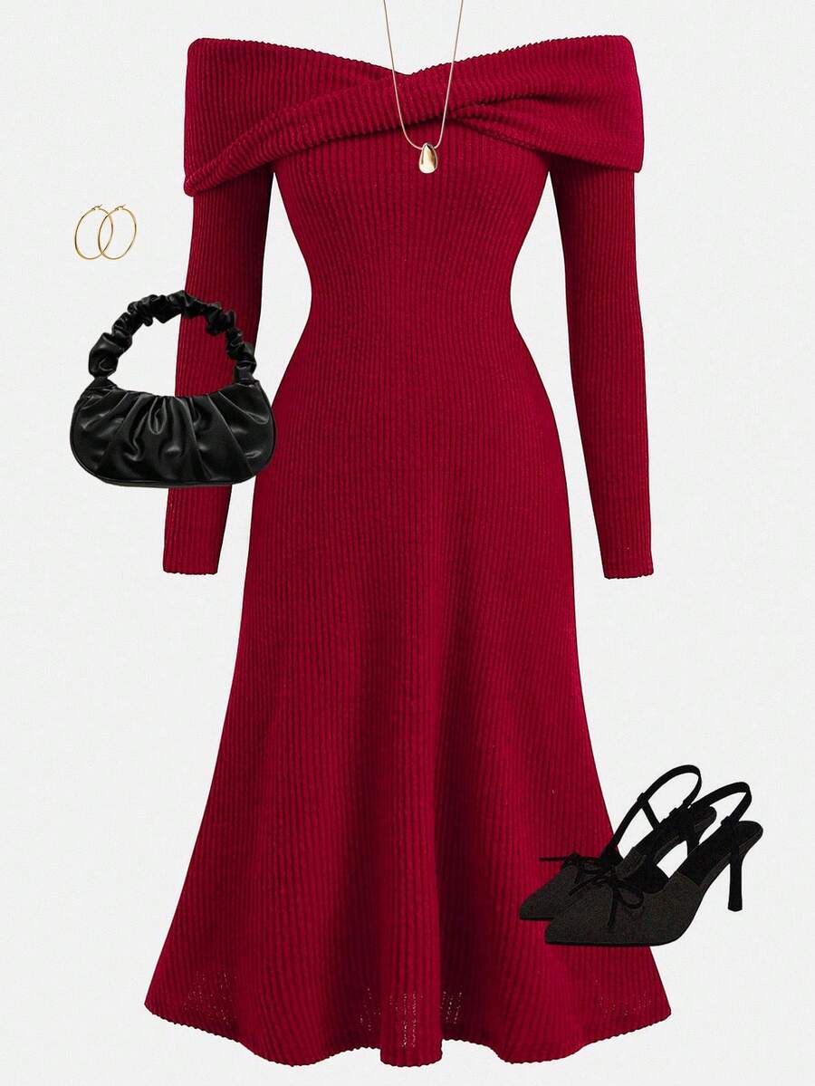 Girlism 少女酒红色罗纹针织蝴蝶结腰身复古优雅派对休闲圣诞长裙红色服装秋季连衣裙樱桃套装女式连衣裙红色带袖连衣裙 - 酒紅色 - 查看 1