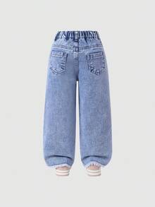 Ripped Heart Print Frayed Edge Straight Leg Jeans For Young Girls, Cute & Casual, Suitable For School, Outing, Party Fall Winter