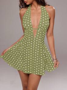 TRNVIE Women's Polka Dot Print Sexy V-Neck Backless Mini Dress