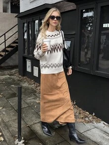 Elyressa 女式休闲费尔岛图案插肩袖宽松针织毛衣，秋冬 - 杏色 - 查看 5