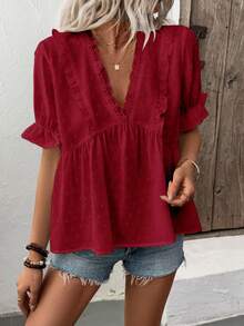 LanaWest 女式深V领泡泡袖镂空细节衬衫