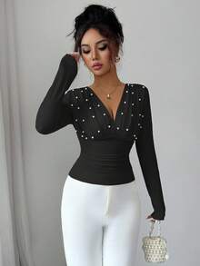 Elenzga Áo thun ôm sát cổ chữ V đính ngọc trai giả thanh lịch dành cho nữ, Xuân/Thu - màu đen - Xem 8