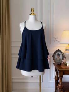 SHEIN Unity Chiffon Double Layer Cross-Back Skinny Strap Camisole - Navy Blue - View 1