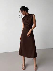 Firerie 女士优雅简约精致浪漫甜美日常通勤婚礼派对音乐节度假褶皱 A 字迷你连衣裙，红色吊带背心 - 咖啡棕 - 查看 5