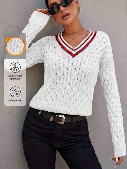 RueChic Women Striped V-Neck Drop Shoulder Cable Pattern Sweater,Jumper,Cream Jumper,Jumpers,Black Jumper,Womens Jumper,White Jumper,Women's Jumper,Women's Jumpers,Winter Clothes