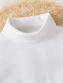 SHEIN 2件套少女纯色针织立领休闲T恤和裤子套装 - 白色 - 查看 5