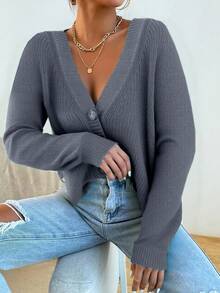 EURMUSE Solid Button Front Cardigan - Blue - View 4
