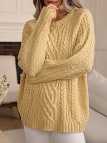 Louniche Damen Vintage Twist Seil Zopfstrick Rundhals Pullover, Herbst/Winter - Aprikosenfarben - Übersicht 1