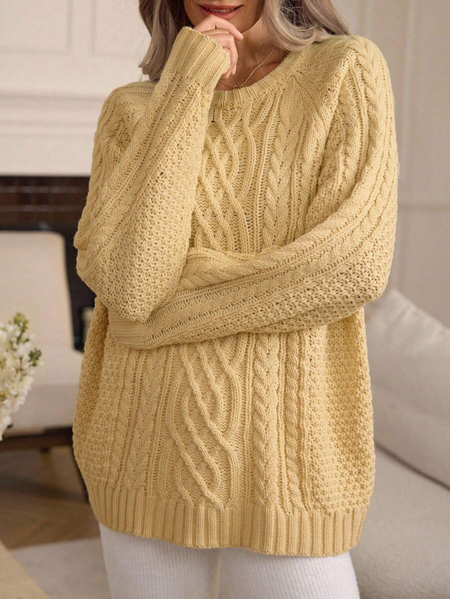 Louniche Damen Vintage Twist Seil Zopfstrick Rundhals Pullover, Herbst/Winter - Aprikosenfarben - Übersicht 1