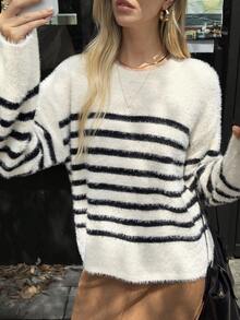 Elyressa Sweater Rajut Longgar Bermotif Garis-garis untuk Wanita, Model Bahu Jatuh, Kasual untuk Perjalanan Sehari-hari, Musim Gugur/Dingin - Aprikot - View 3