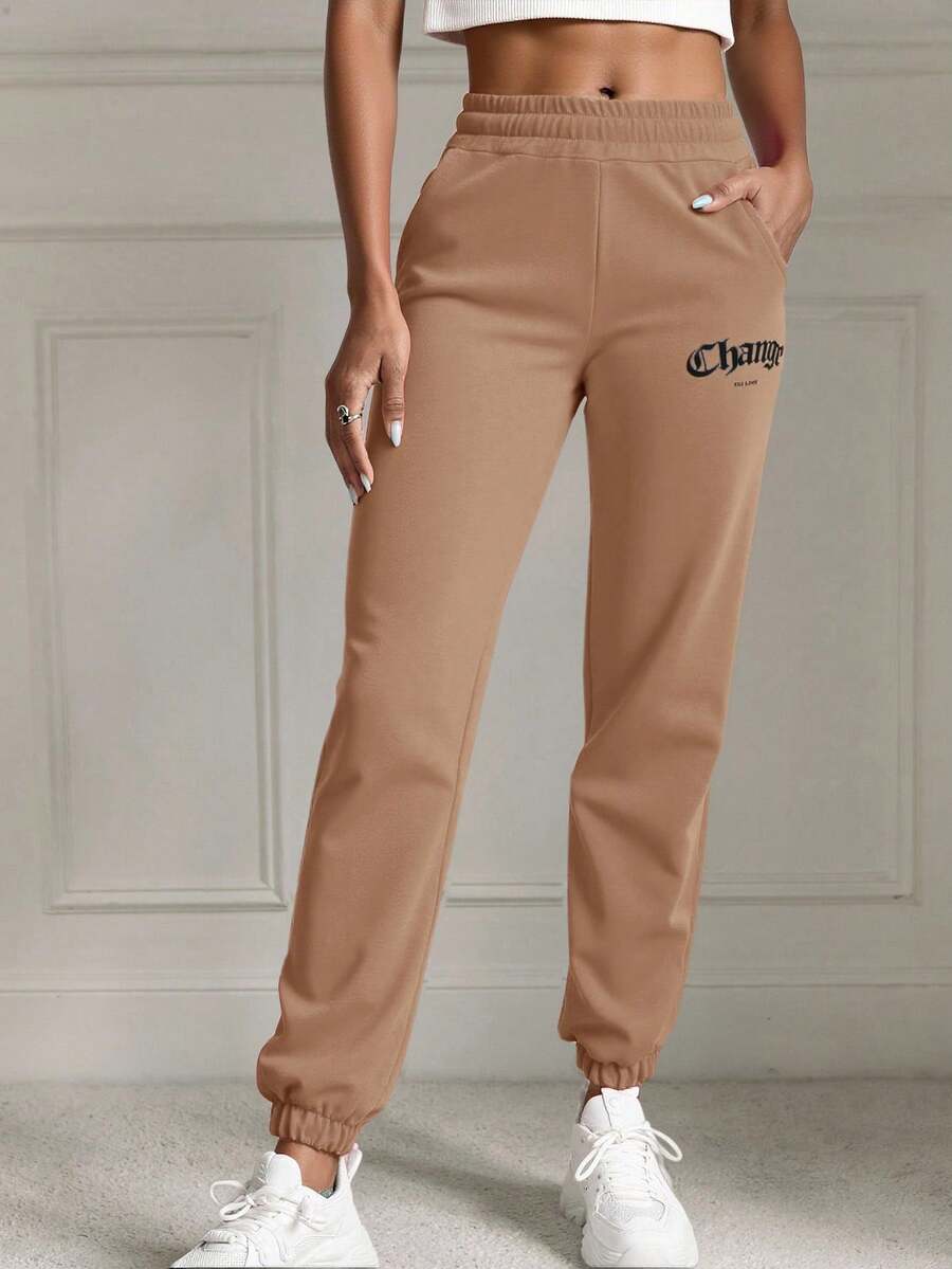 EURMUSE Đồ họa Chữ cái Eo đàn hồi Quần thể thao - màu nâu - Xem 1