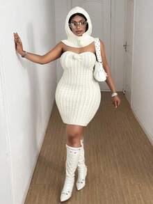 Maweii Plus Size Women's Sweater Set Corset Dress + Hat, Solid Color, Sexy And Slimming Corset Flower Dress, Knitted Flower Hat, Design Sense, Transformed Into A Hot Girl Design, Autumn And Winter, Women's Clothing, Elegant And Sexy, Party,Wrap Knit - Beige - View 6