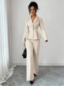 Elenzga 优雅束腰套装，时尚通勤喇叭修身裤，节日/约会装，独立日，女教师装 - 杏色 - 查看 6