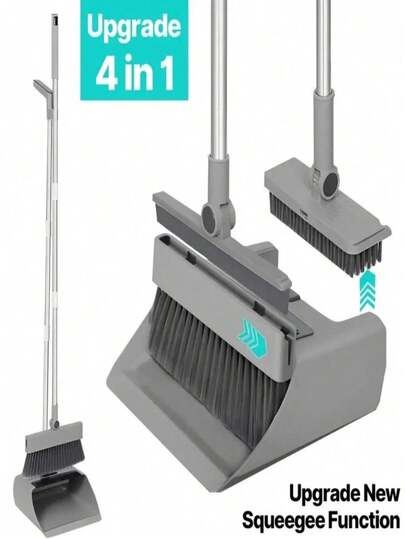 4-In-1 Multifunctional Upgraded Broom And Dustpan Set, With Hidden Squeegee And Floor Brush, 3-In-1 Long Handle Duster And Dustpan Set For Glass, Grease And Water Stain Cleaning, Suitable For Home And Office Use