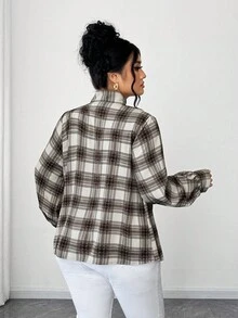 Elenzga Chemise à carreaux avec col châle pour femmes grandes tailles, automne/hiver - Marron - Voir 2