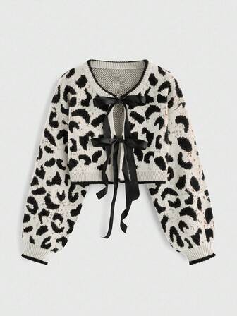 Kawaii Cardigan casual e versatile da donna con stampa leopardata e fiocco in stile Y2K