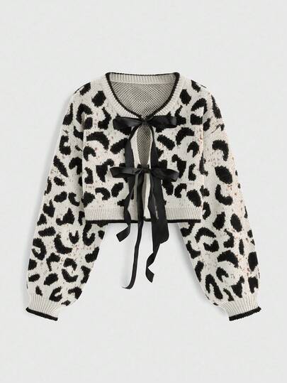 Kawaii Casual Versatile Women's Y2K Leopard Print Bowknot Cardigan