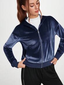 Streetz SHEIN Sport Women's Solid Color Drop Shoulder Long Sleeve Zipper Front Hooded Sports Jacket - Dark Grey - View 4