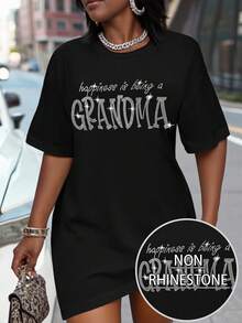 Maweii Plus Size Women's Rhinestone Slogan Graphic Short Sleeve Fitted Dress - Black - View 1