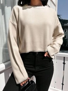 EURMUSE Solid Drop Shoulder Sweater - Beige - View 6