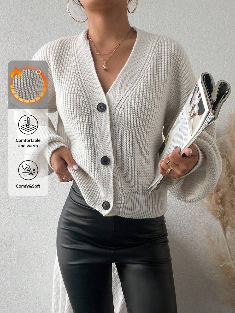 EURMUSE Women's Solid Color Drop Shoulder Long Sleeve Single-Breasted Casual Knit Cardigan - White - View 1