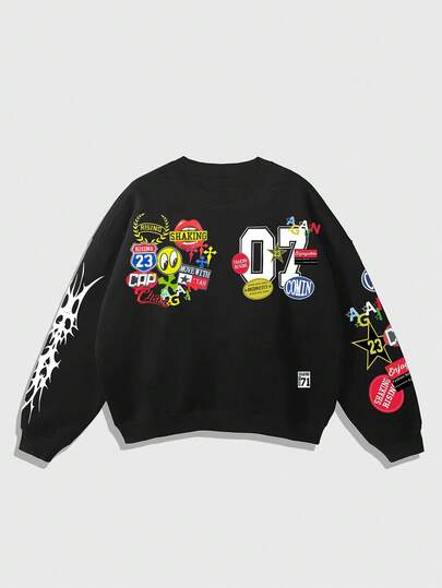 Sudadera de cuello redondo con mangas largas con estampado de letras y dibujos animados para hombres, otoño