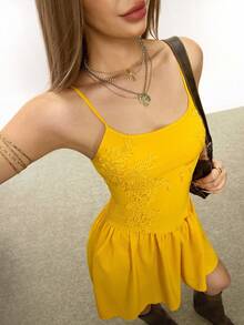 Rina Fox Women's Sexy Low-Cut Bodycon Waist Embroidered Applique Backless Camisole Mini Dress