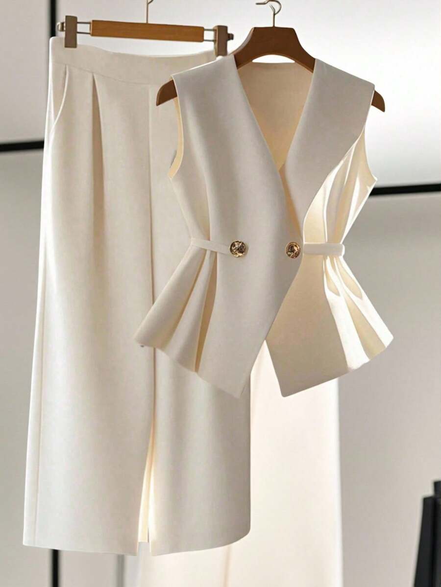 Franclia 1 套女式无袖 V 领系带短款背心和松紧腰直筒西装裤，休闲通勤装 - 杏色 - 查看 1