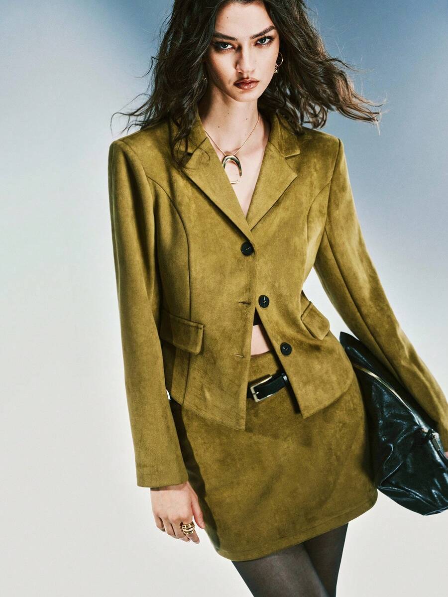 Airlisse 女式秋冬高级收腰西装外套和 A 字迷你裙两件套套装 - 綠色 - 查看 1