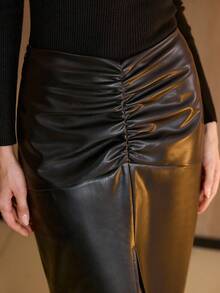 MOTF PREMIUM PU LEATHER RUCHED FRONT SPLIT HEM SKIRT - Black - View 2