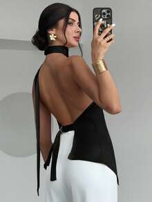 Firerie Ladies New Style Asymmetric Metal Button Casual Elegant Backless Sleeveless Top/Cute Top/Elegant Off-Shoulder Top/Imitation Silk Satin Texture Top/Backless Strappy Top,Black Top,Sexy Top - Black - View 2