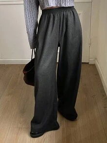 DAZY Damen Loose Fit einfarbige Fleece Weite Hose, Elastischer Bund Lässig Straßen-Stil, Herbst/Winter - Grau - Übersicht 3
