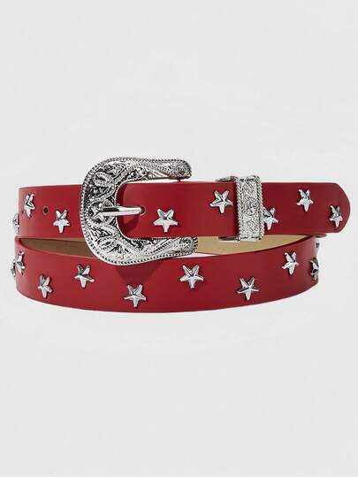 ROMWE Grunge Punk Ladies Engraved Buckle American Retro Decorative Personalized Belt