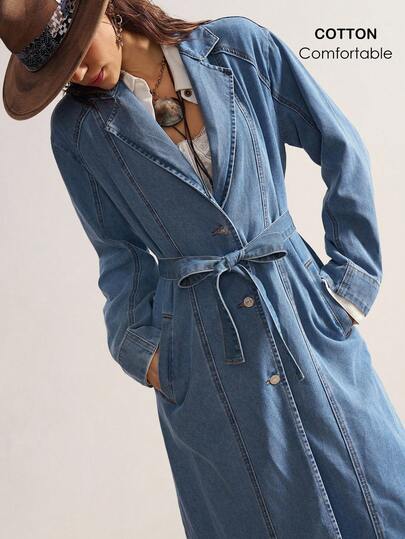 Bohemela Dam med långt midjebälte, denimvindjacka, denimtrenchcoat, långärmad denimtrenchcoat, långärmad denimtrenchcoat med bälte i midjan för kvinnor