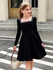 Serisse Kids 青少年女孩优雅圆领铆钉长袖收腰 A 字连衣裙，休闲日常穿着，返校，黑色，适合万圣节、圣诞节、新年 - 黑色 - 查看 6