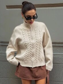Livesso Suéter holgado de punto de cable con textura, de estilo empresarial casual, con cuello alto y mangas raglán, elegante cárdigan para uso en la oficina, otoño/invierno - Albaricoque - Ver 4
