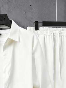 Manfinity Homme 男士休闲纯色衬衫长裤两件套 男士休闲上衣和裤子套装 男士白色西装套装 男士衬衫套装 男士两件套 白色，秋季服装