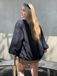 SHEIN EZwear Plus Size Women Casual Color Block Detail Fur Collar Barn Jacket, Autumn/Winter Fall