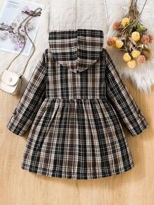 Elladie kids 女童咖啡格纹保暖连帽双排扣时尚外套，适合日常休闲穿着 - 彩色 - 查看 2