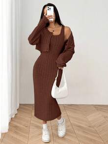 SHEIN EZwear 女式秋季新款罗纹针织落肩纽扣前襟夹克和修身中长连衣裙套装 - 棕色 - 查看 3