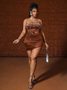 Maweii Plus Size Women's Sexy Strapless Ruched Pearl Studded Design Versatile Party Bodycon Mini Dress, New Arrival - Brown - View 7