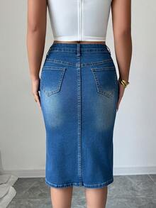 Siren Gaze 牛仔裙 牛仔裙 女式休闲修身牛仔铅笔裙，及膝，有弹性，蓝色 - 藍色 - 查看 2